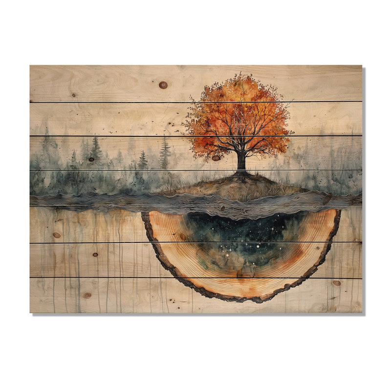 Arbre d'automne sur une glissade en bois, paysage - Arbre de vie, impression sur bois de pin naturel