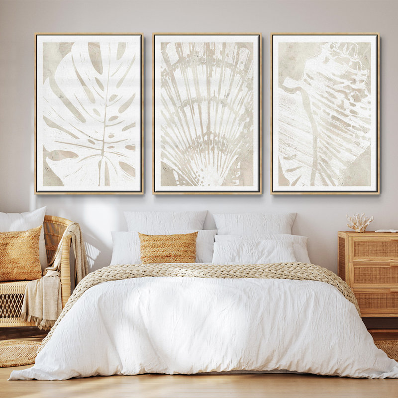 Ensemble de 3 pièces encadrées sur toile Linen Tropical Silhouette I, Cadre en bois naturel, H 36 po x l 72 po x P 2 po