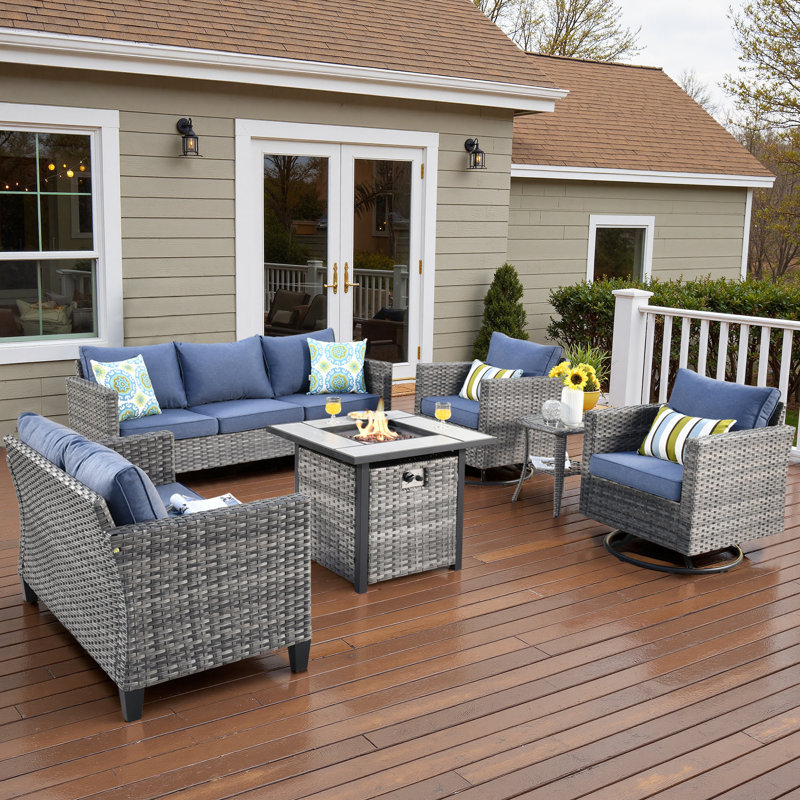 Ensemble de conversation pour patio en osier / rotin 7 personnes avec coussins Harbin, Bleu denim