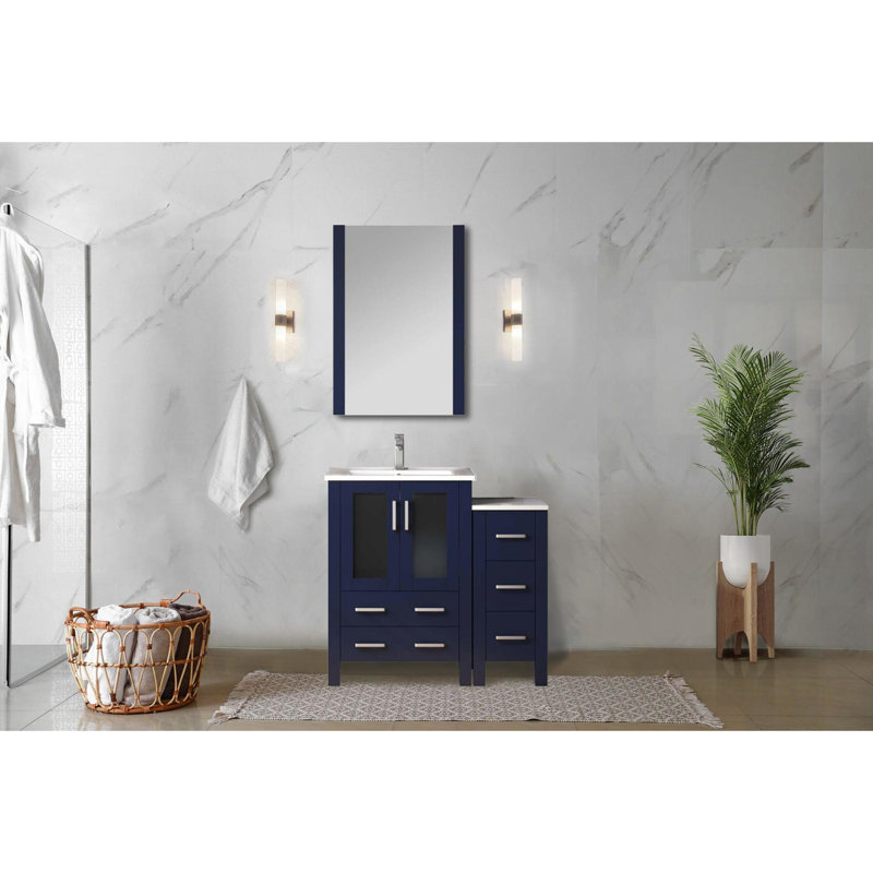 Meuble-lavabo simple 36 po bleu marine Large, 18,25 de profondeur, avec robinet et espace de rangement avec armoire intérieure, robinet, dessus