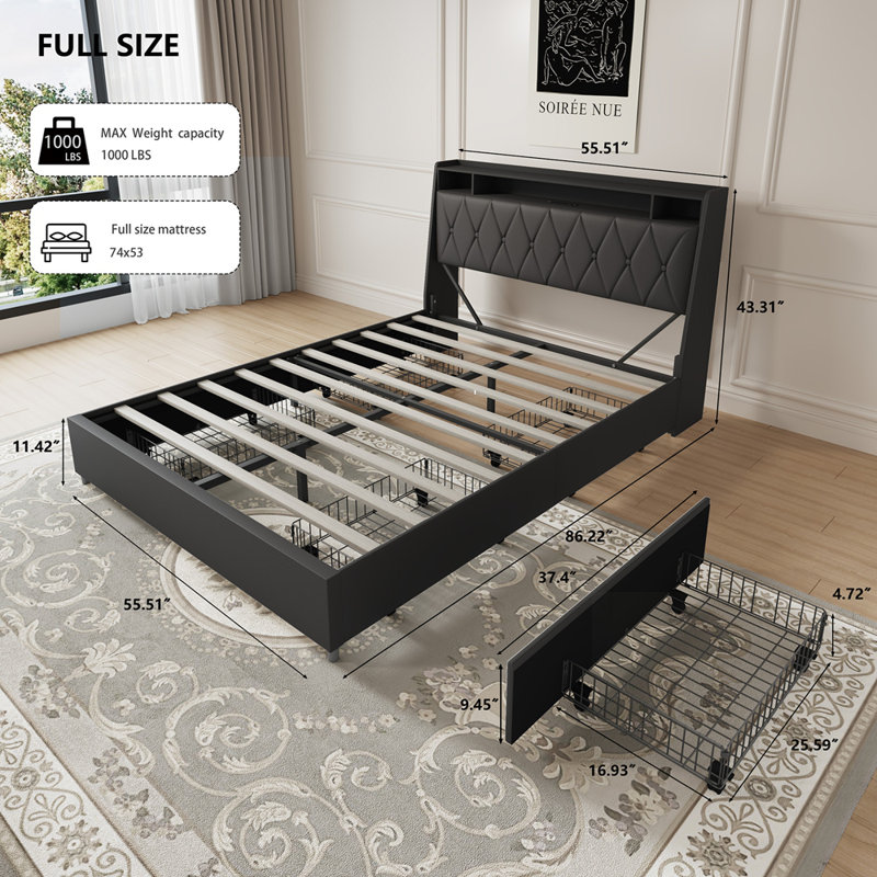 Structure de lit de tête de lit ergonomique avec prises intégrées, chargeur et tablette de rangement, silencieux et sans sommier