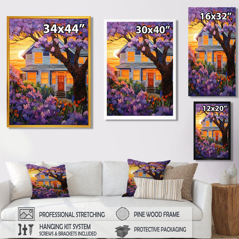 Maison blanche mauve en fleurs - impression d'art mural paysage, H 20 po x l 12 po x P 1 po, Toile avec cadre flottant noir