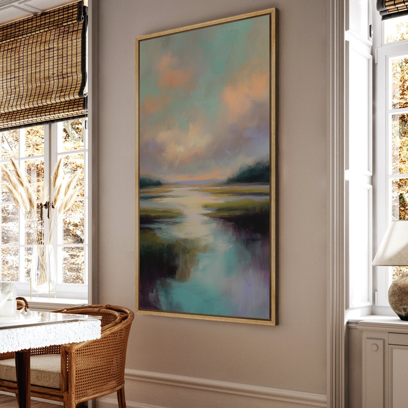 «Serene Sunset Marsh Landscape with Reflective Water - Large encadrée», reproduction d'art sur toile encadrée, Naturel