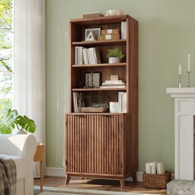 Mid-century Modern Bookcase, 70.9" Tall Storage Cabinet With Fluted Doors & Adjustable Shelves, For Living Room, Office, Kitchen