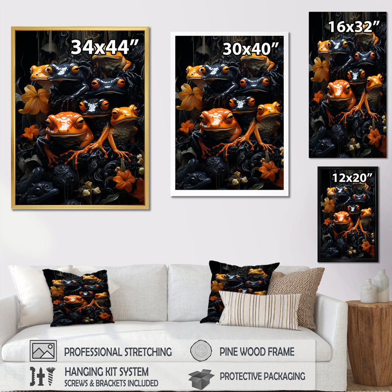«Orange Frogs on Glass Effect I», reproduction sur toile, Cadre flottant doré, H 44 po x l 34 po x P 1,5 po