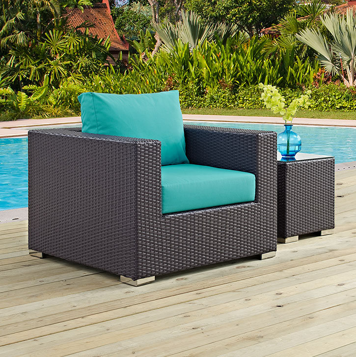 Fauteuil d'extérieur en rotin avec coussins Convene, Turquoise