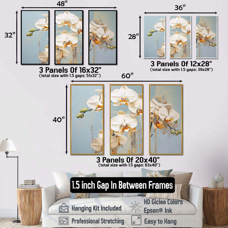 Ensemble de décorations murales Beige Orchids Tranquility VII - Orchids, Cadre flottant doré, H 32 po x l 48 po x P 1 po