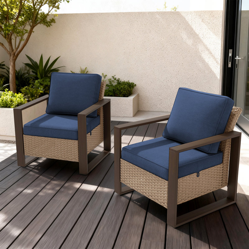 2 Pieces Patio Wicker Chairs Set, Outdoor Conversation Chairs Set With Removable Cushions & Wood-looking Metal Armrest For Garden, Backyard, Porch, Deck