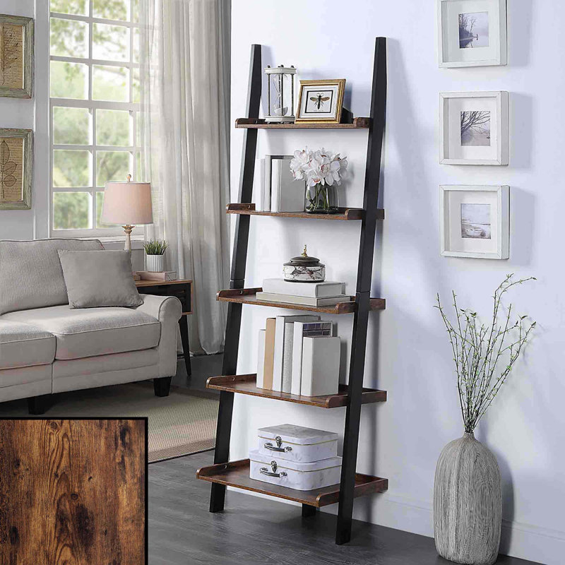 Loucks Ladder Bookcase, 41" H x 23" W x 6" D, Black/Barnwood