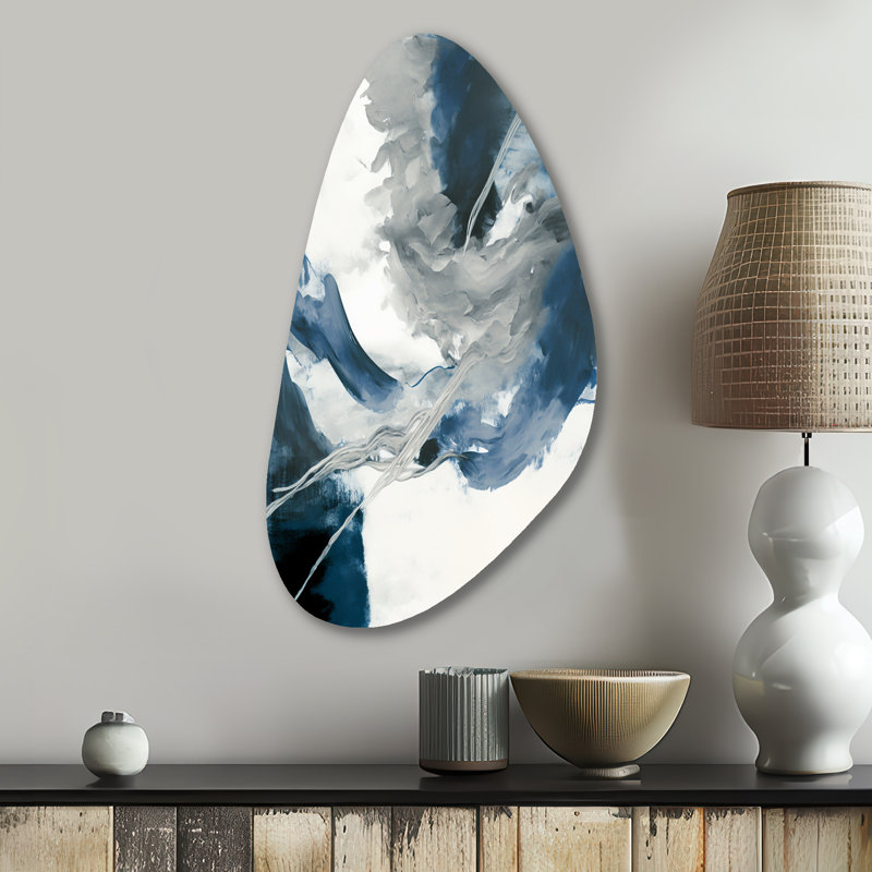 «Feeling Honolulu Blue X» - art mural asymétrique abstrait à encre liquide en forme d'automne, H 31 po x l 17 po