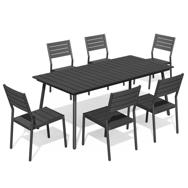 Luceile 6 - Person Rectangular Aluminum Patio Dining Set with Umbrella Hole (Set of 7), Black