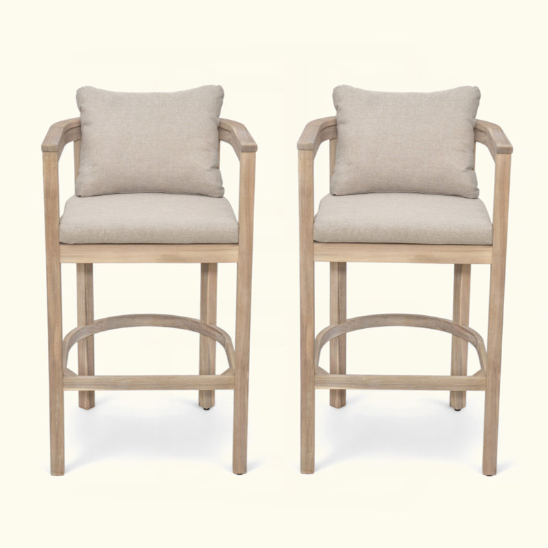 Tabouret d'extérieur en bois avec coussin, ensemble de 2, Naturel