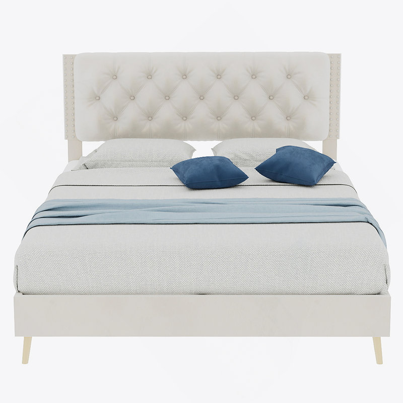 Lit rembourré avec tête de lit capitonnée, Full, Beige