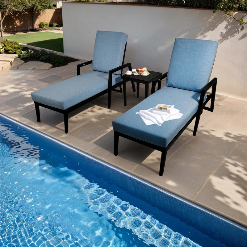 3-Piece Outdoor Patio Furniture Set With Chaise Lounges And End Table, Featuring Adjustable Backrest, Wheels, And Comfortable Cushions For Relaxing Outdoors