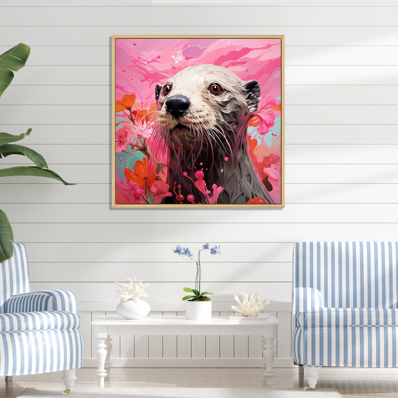 Artistique, loutre rose aquatique, Cadre flottant brun, H 36 po x l 36 po