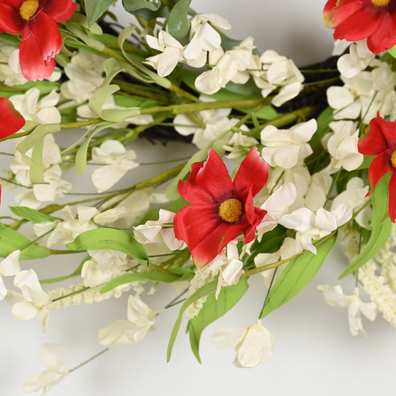 Couronne de fleurs artificielle 24 po avec fleurs et fleurs, Vert / Rouge