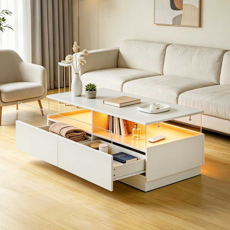 Modern Living Room Set, LED TV Stand & Coffee Table Combo With Storage, White