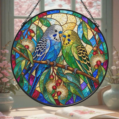 Perroquets sur une branche fleurie, style vitrail, panneaux de vitrail attrape-soleil pour la décoration de fenêtre