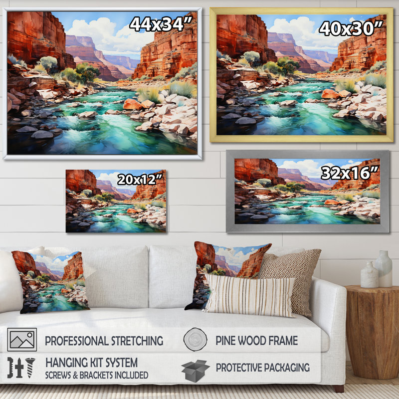 Nevada Canyon River - paysages, reproduction sur toile, H 16 po x l 32 po x P 1 po, Cadre flottant blanc