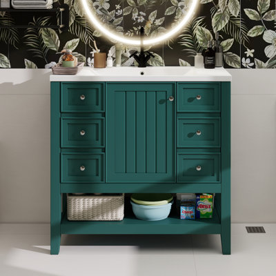 Meuble-lavabo 36 po avec lavabo, une armoire et trois tiroirs, bois massif et panneau de fibres à densité moyenne, vert