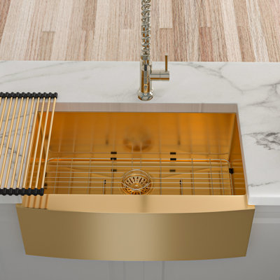 30 Inch Gold Apron Front Sink, Heavy Duty 16g Stainless, Easy To Clean Coating Kitchen Sink 30", 16gauge Stainless Steel, Water Flow Optimization, Silent