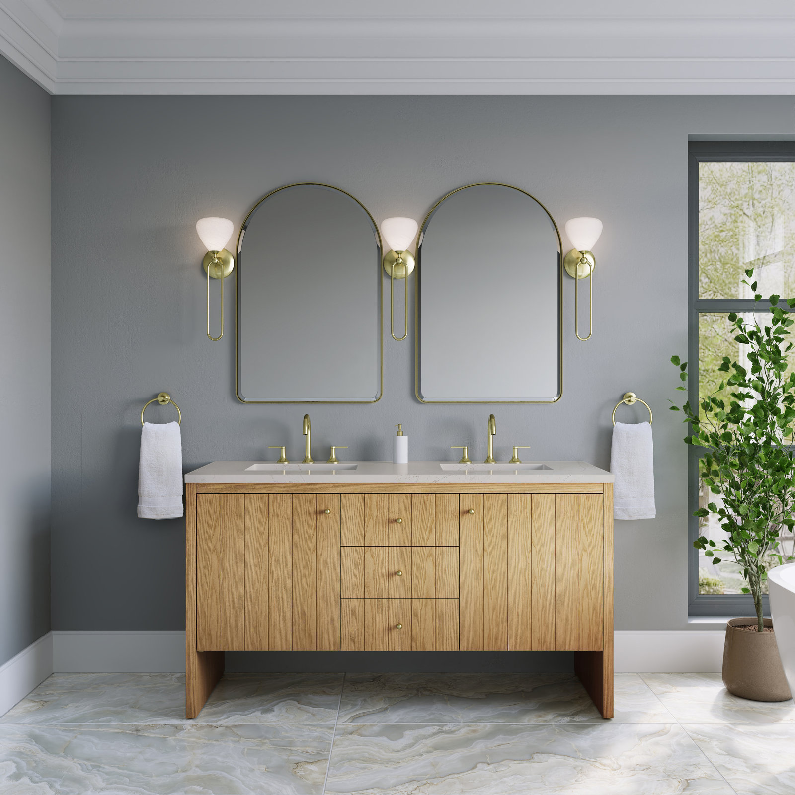 Hudson 60'' Double Bathroom Vanity, 8" Widespread, Siberian, Light Natural Oak