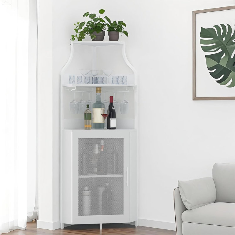 Bar rustique à 5 niveaux avec porte verrouillable, support en verre et tablettes réglables pour la salle à manger, Blanc