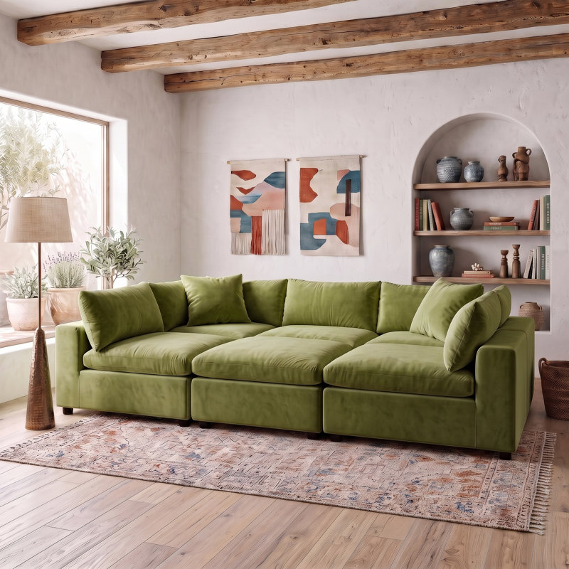Canapé modulaire 6 pièces rembourré, Velours vert olive