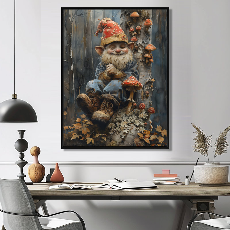 Décoration de mur rouge gnome d'automne fongique - gnome, Cadre flottant noir, bois massif, H 30 po x l 40 po