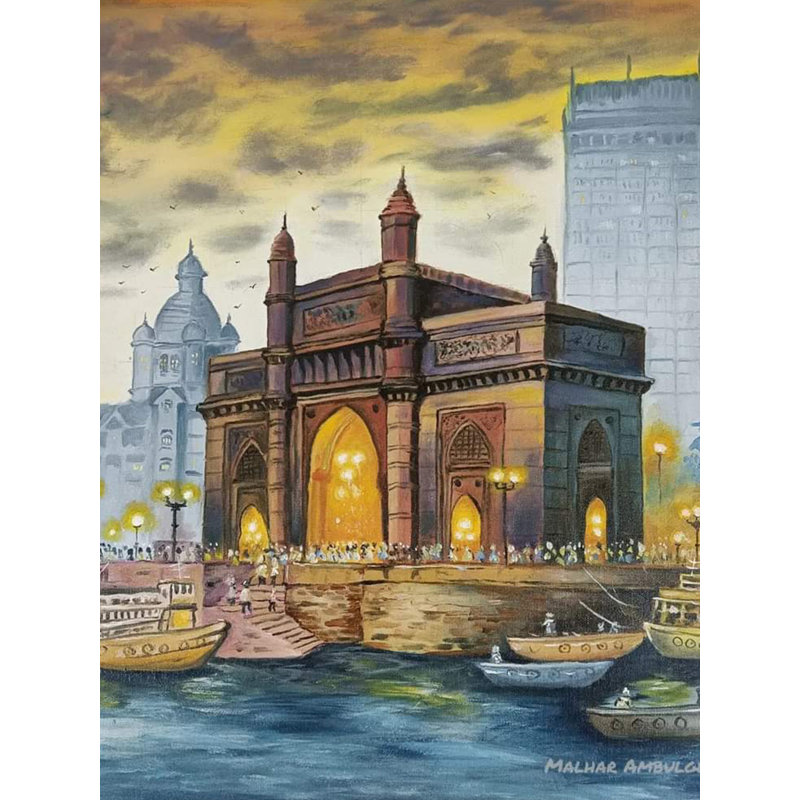 Porte d'entrée de l'Inde, peinture à l'huile sur toile par Malhar Ambulgekar, encadrée de décoration murale H 24 po x l 24 po