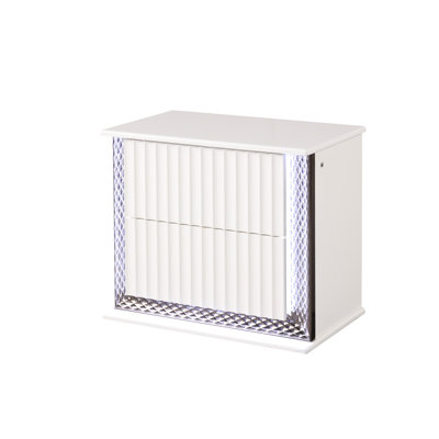 Armoire de chevet contemporaine à 2 tiroirs avec détails texturés, losanges et lumières DEL, bois blanc, 57,02 lb, 24,35 po de hauteur, table de chevet de 17,3 po de profondeur, fini, fabrication solide 24
