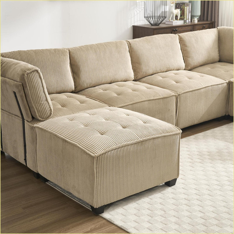 Sectional Sofa, 6-Seat Modular U/L-Shaped Couch with Reversible Chaise for Living Room | Khaki | Corduroy, Khaki Corduroy