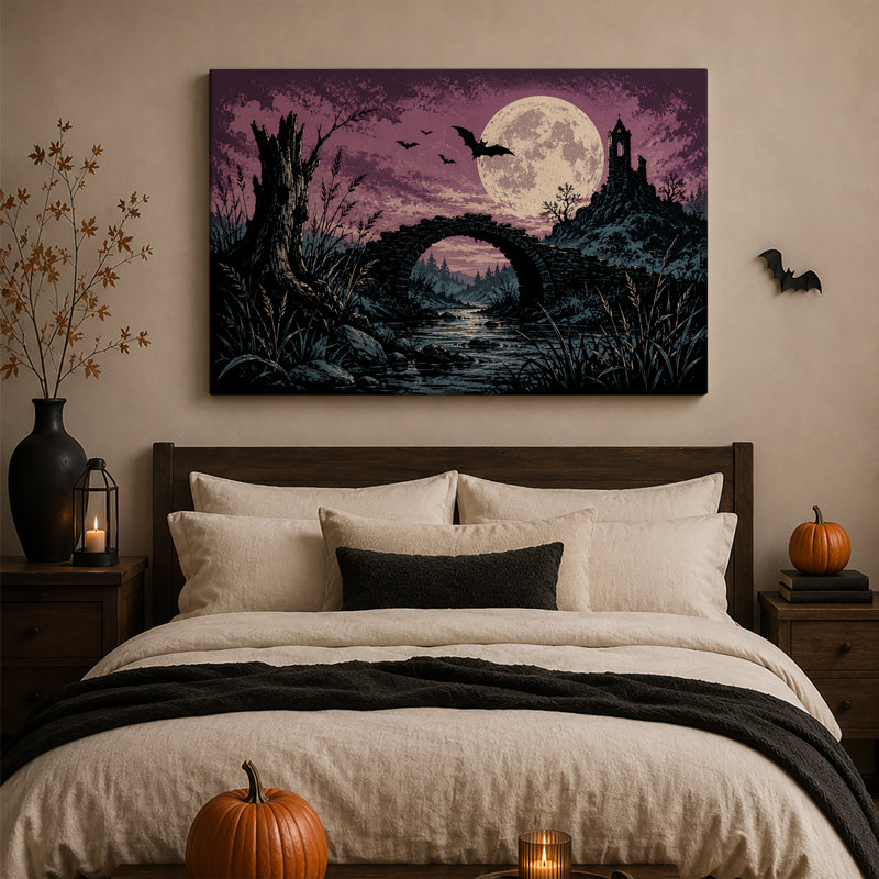 Pont de pierre et tour en ruine sous une lune violette - Toile murale d'Halloween, H 20 po x l 30 po