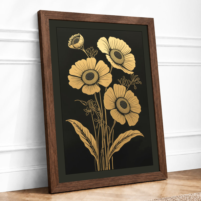 Sunflowers in Gold Botanical - Framed Print, A4 - 29.7 x 21.0 cm, Walnut