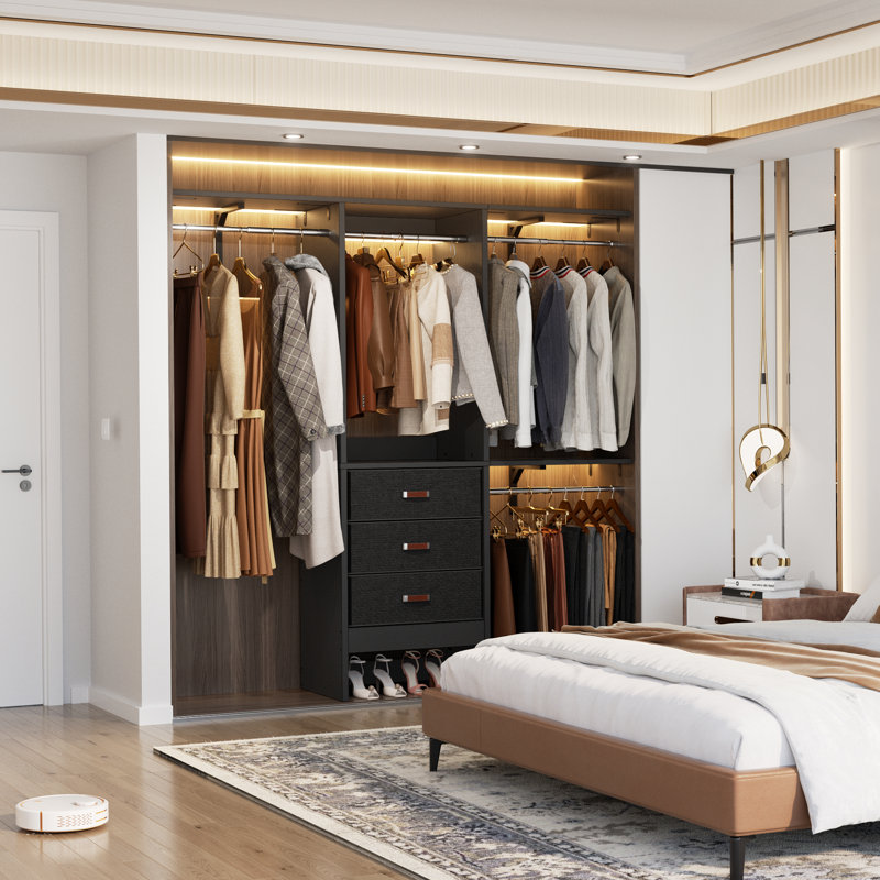 19'' - 60'' W Closet System with Drawers and Hanging Rods(Cut to Fit), Black