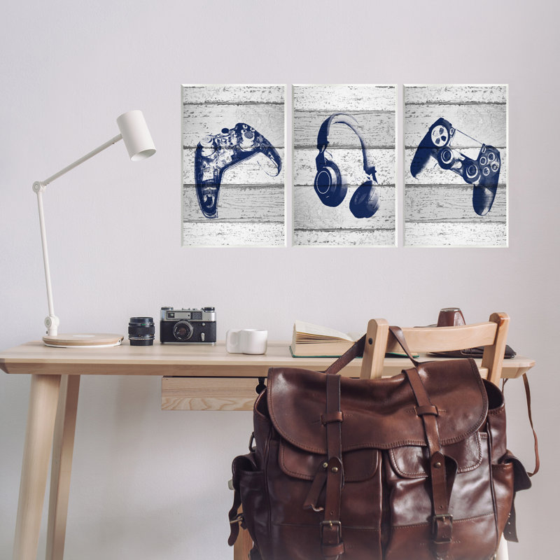 Video Gamer Trio Controllers Headset Triptych Wall Plaque Art Set by Daphne Polselli, 17" H x 11" W