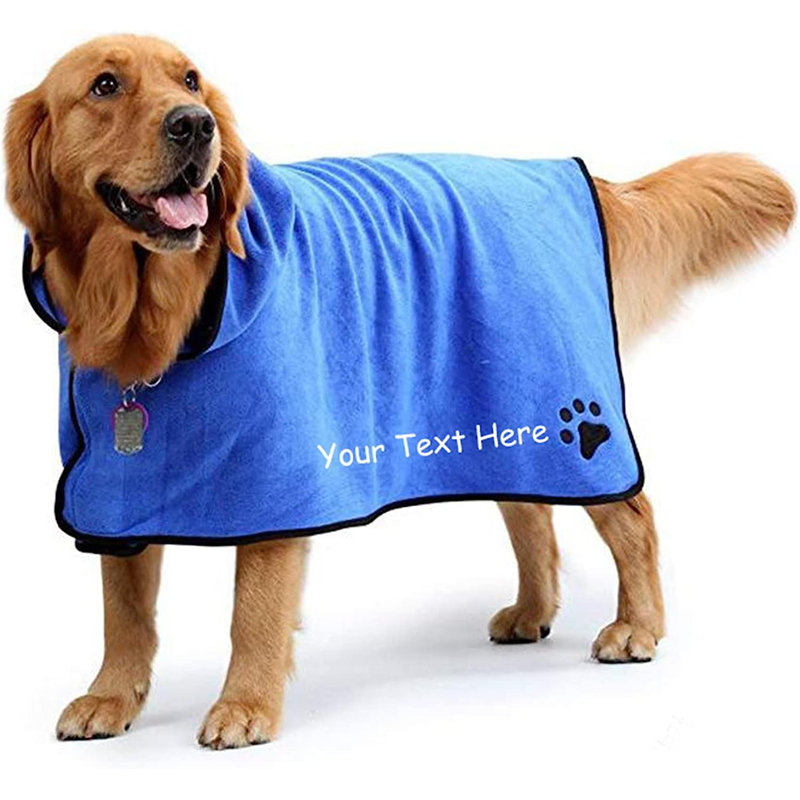 Serviette de bain pour chien avec nom et peignoir pour chien, Bleu, L, Oui