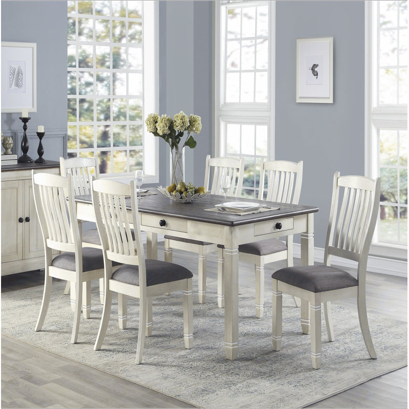 Ensemble de table de salle à manger 7 pièces à finition blanche antique avec 6 tiroirs et 6 chaises d'appoint rembourrées