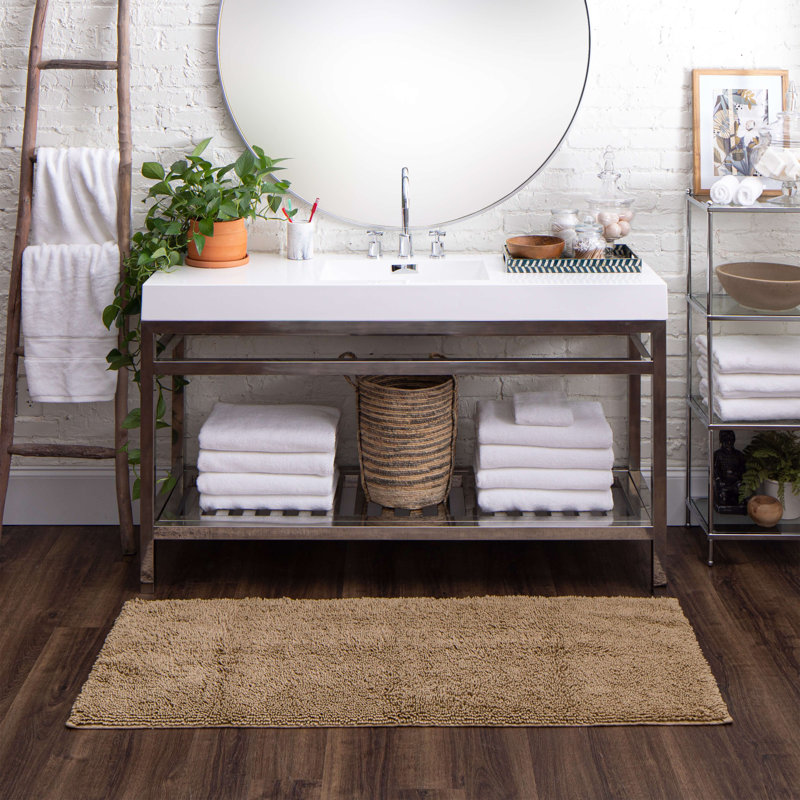 Dinuba Solid Plush Pile Stain and Fade Resistant Non-Slip Machine Washable Bath Rug, 24" W x 60" L, Taupe
