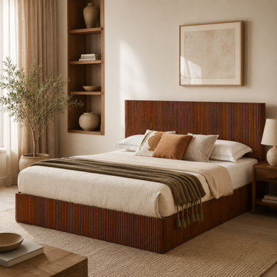 Ridge Modern Platform King Bed with Built-in LED Lighting and Corrugated Wood Design