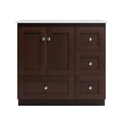 Meuble-lavabo blanc l 37 po x P 22 po x H 35 po avec tiroirs droits en aulne foncé et comptoir en céramique blanc