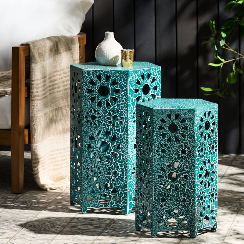 Tables d'appoint - 2, style, fer, bleu sarcelle craquelé, ajoute de la beauté à l'espace extérieur, aucune table d'assemblage requise