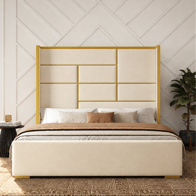 Modern Glam Velvet Platform Bed With 76" Tall Geometric Gold-Trim Headboard, King Size