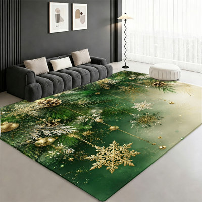 Tapis de Noël à motif sapin et flocons de neige, vert et or pailleté, avec pommes de pin, antidérapant, idéal pour le salon, la chambre, l'entrée, la cuisine ou un appartement.