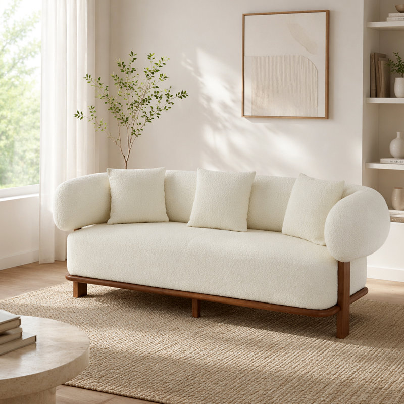 Round Arm Curved Sofa-Beige, Beige