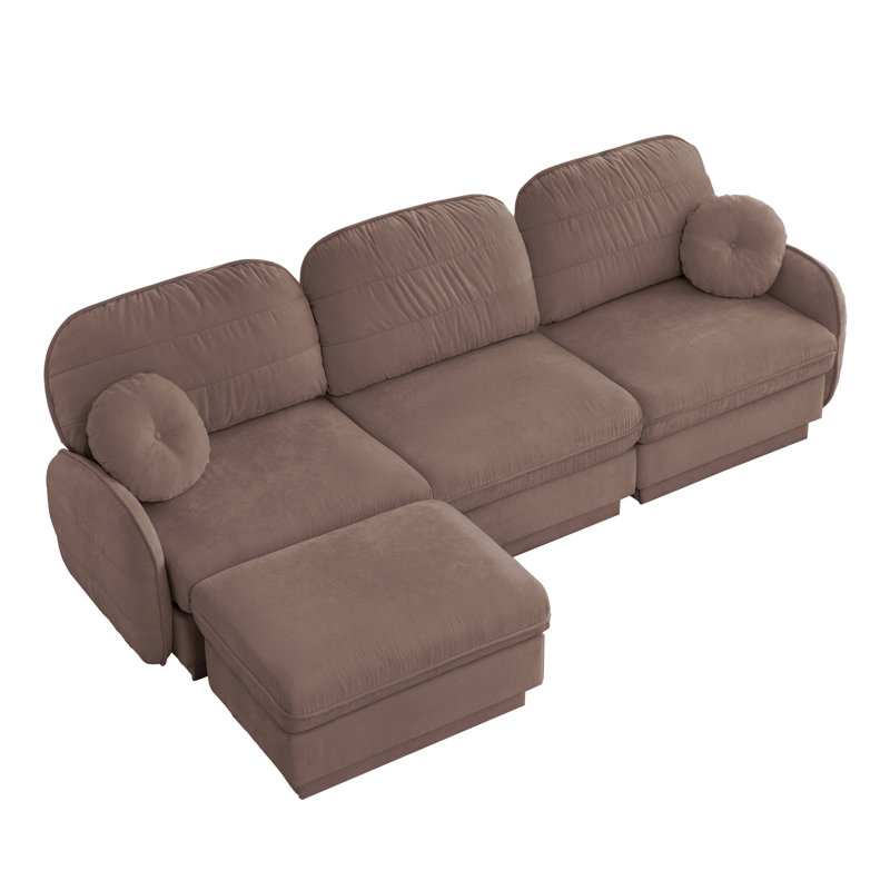 Canapé modulaire rembourré en L de 105 po avec repose-pieds mobile, 2 coussins ronds et base encastrée, Rose Dust Chenille