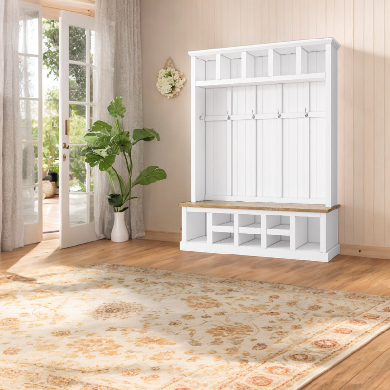 Calisto Hall Tree with Bench Entryway Shoe Cabinet with Hooks and Shoe Storage, White