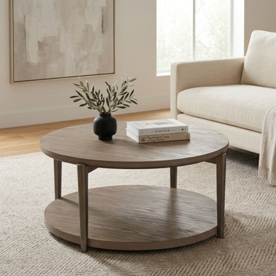 Avery Table basse ronde en bois naturel avec tablette ouverte