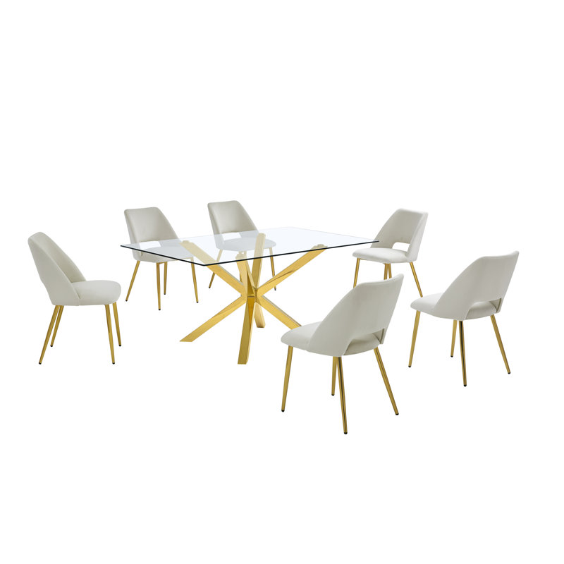 Ensemble de salle à manger rectangulaire en verre 63 po x 39 po avec chaises d'appoint en velours et base dorée, Crème, 7