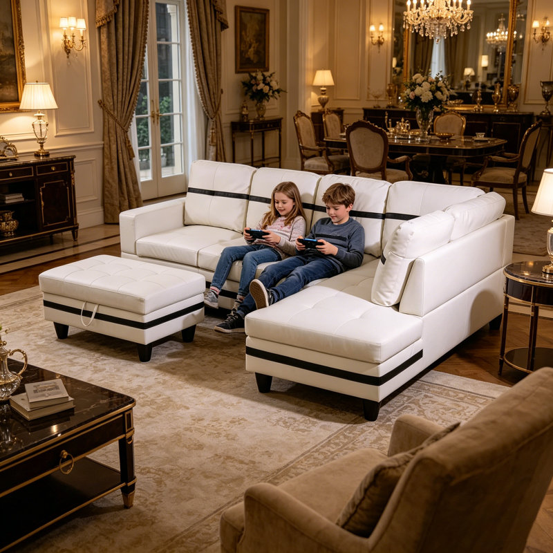 Rilan 103.5'' Faux Leather Sofa & Chaise, White Faux Leather, Left Hand Facing